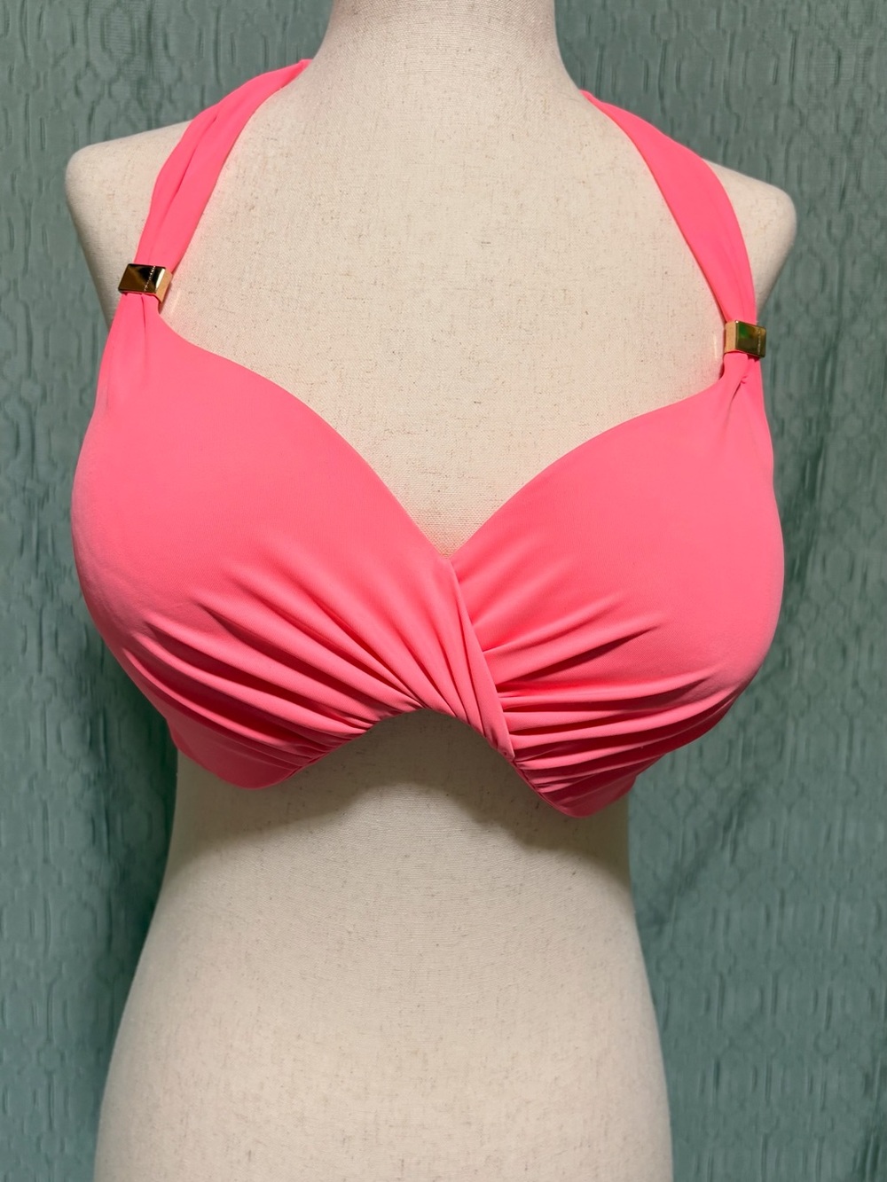 Victoria's Secret Coral Pink Halter Swim Top with Gold Accents
